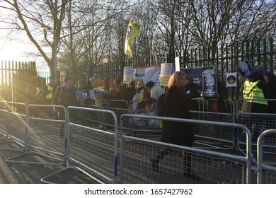 London/UK - February 26 2020: Entrance To Woolwich Crown Court Protesters At The Julian Assange Extradition Case Amass Outside Court At He Gate. Credit: Katherine Da Silva