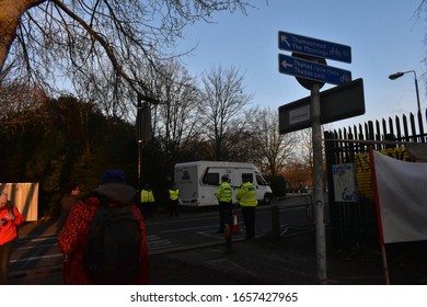 London/UK - February 26 2020: Entrance To Woolwich Crown Court Protesters At The Julian Assange Extradition Case Amass Outside Court At He Gate. Credit: Katherine Da Silva