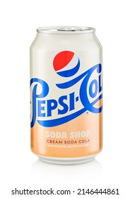 LONDON,UK - FEBRUARY 28,2022: Pepsi Cola Soda Shop Cream Soda On White.