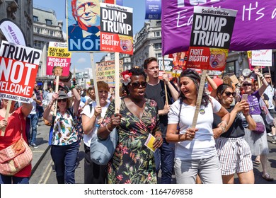 London,UK:  July 13th 2018:Thousands of anti-Donald Trump protesters descended on central London in the summer heat.The president of America is on his first visit to the UK.