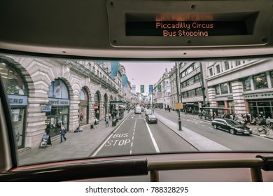 London,UK July 14 2017 - London City View Through Public City Bus Window