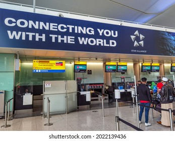 London,UK- July 29,2021: The Advertising Billboard Of Star Alliance On The Top Of Check In Counter Of Heathrow Airport. Star Alliance Is The World's Largest Global Airline Alliance.