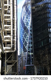 London/UK - March 1,2020: "The Gherkin" and other modern buildings of London City, a famous business quarter