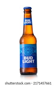 LONDON,UK - MAY 11, 2022: Bud Light Lager Beer In Glass Bottle On White.