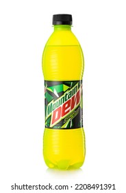 LONDON,UK - MAY 12, 2022: Bottle Mountain Dew Citrus Blast Soda Drink On White.