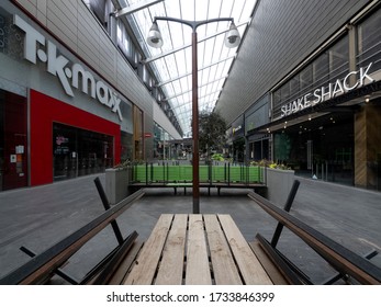 London.UK. May the 16th 2020 at lunch time. Wide view angle  of closed shops at Westfield Stratford City on Saturday during the Lockdown. This is one of the largest Shopping centres in Europe.
