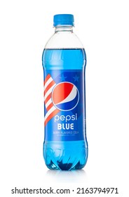 LONDON,UK - MAY 22, 2022: Pepsi Blue Berry Flavoured Cola soda drink on white.