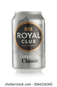 LONDON,UK - OCTOBER 21, 2021 : Aluminium Can Of Royal Club Classic Tonic Water Soda Soft Drink On White