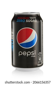 LONDON,UK - OCTOBER 21, 2021 : Aluminium Can Of Pepsi Cola Zero Sugar Soda Soft Drink On White 