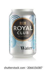 LONDON,UK - OCTOBER 21, 2021 : Aluminium Can Of Royal Club Soda Water Soft Drink On White 