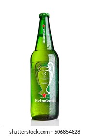 LONDON,UK -OCTOBER 23, 2016: Bottle Of Heineken Lager Beer On White Background. Champions League 2016-2017. Heineken Is The Flagship Product Of Heineken International

