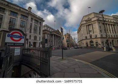 London.UK-01.12.2020: A Sunday Morning Scene Of The Financial District Showing Bank Underground Station And The Empty Street Outside.