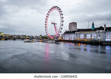 London,UK-December 2018:The Millennium wheel known as London Eye. It's a cantilevered observation wheel on the South Bank of the River Thames