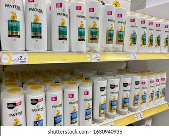 London,UK/January 14,2020: Kinds Of Pantene Shampoo And Conditioner Displayed On The Shelves Of A Pharmacy Store.