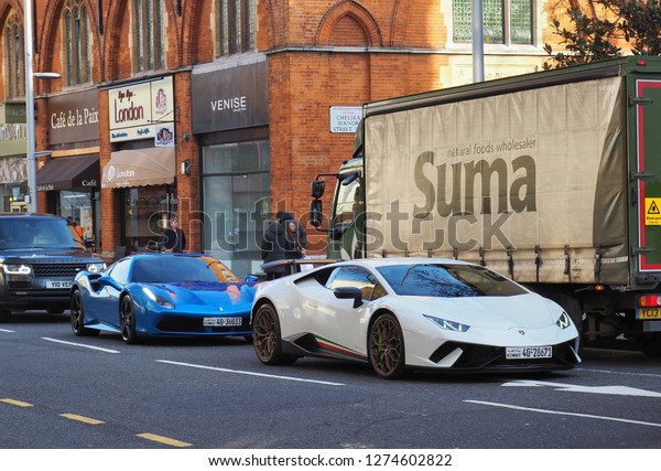 London.UK.January 4th 2019.The Supercar Season starts\
the new year in Kensington and Chelsea as Kuwaiti cars drive down\
the Kings road.        \
