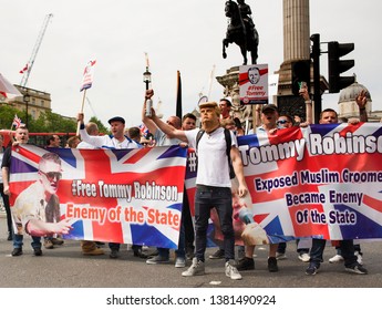 
London".UK/June 9 2018:
Protester wearing a Donald Trump Mask.
Free Tommy Robinson march, Trafalgar Square, Westminster,London. UK