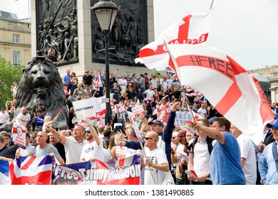 London".UK/June 9 2018: Tommy Robinson Protest, Tommy Robinson supporters Protesting in Trafalgar Square, Westminster. London