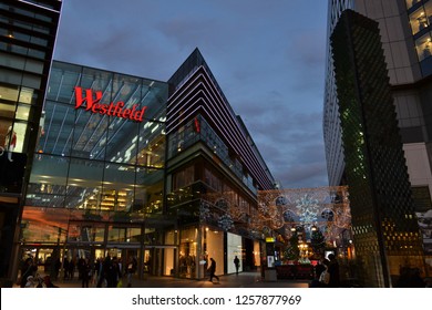 London/United Kingdom - December 15, 2014: Beautiful night view to the famous shopping centre in Stratford during the Christmas period.