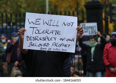 London/United Kingdom - October 30 2020: Muslim protesters stage an anti France demonstration outside French embassy in London.  
