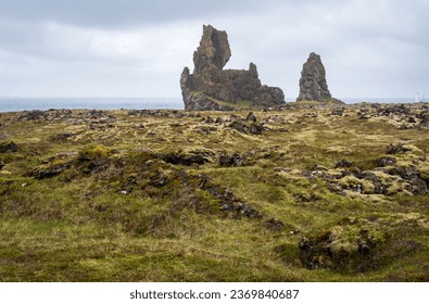 The Londrangar Basalt Cliffs (Hellnar) in Iceland on a Summer Day