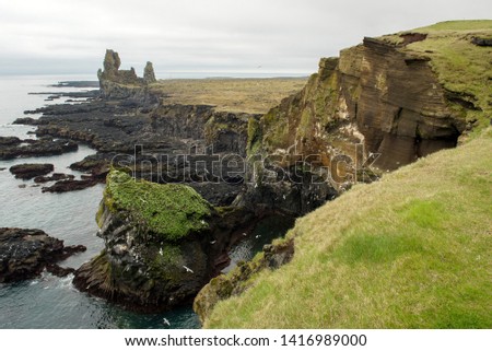 Londrangar Basalt Cliffs in Iceland, Snaefellsnes Peninsula on the Atlantic coast. Black volcanic landscape with rock pinnacles, migratory seagull nests in colony