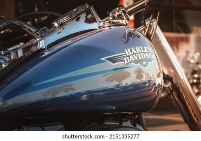 Londrina, Paraná, Brazil – April, 2022: Detail of a Harley-Davidson motorcycle on display in the city of Londrina, southern Brazil. It is one of the most iconic motorcycle brands in the world.