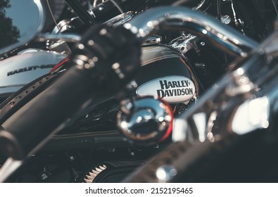 Londrina, Paraná, Brazil – April, 2022: Detail of a Harley-Davidson motorcycle on display in the city of Londrina, southern Brazil. It is one of the most iconic motorcycle brands in the world.