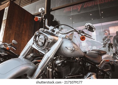 Londrina, Paraná, Brazil – Around April, 2022: Detail of a Harley-Davidson motorcycle on display in the city of Londrina, southern Brazil. It is one of the most iconic motorcycle brands in the world.