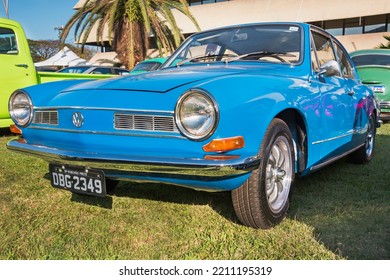 Londrina, Paraná, Brazil - September 24, 2022: Vehicle Volkswagen Karmann-Ghia 1973 On Display At Vintage Car Show. Produced By Volkswagen, Designed By The Italian Company Carrozzeria Ghia.