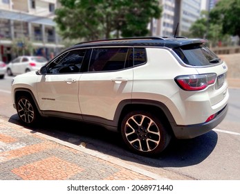Londrina Parana Brazil October 30 2021 Jeep Compass White 4x4 parking in downtown of city diesel