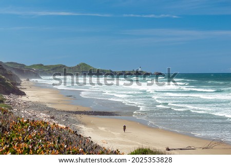 A lone beachcomber walks on Beverly Beach with Yaquina Head Lighthouse in the background near Newport, Oregon, USA