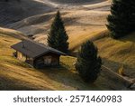 Lone cabin at sunrise in the highest meadow of the Dolomites