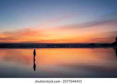 A lone figure walks along the beach at sunset, silhouetted against the colorful sky and ocean reflections. A dramatic and peaceful travel and nature scene. - Powered by Shutterstock - Get 15% off with code: PIKWIZARD15