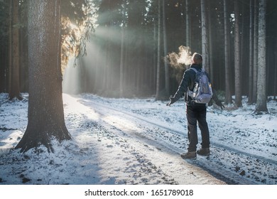 A lone hiker enjoying the sun's rays in a cold forest. - Powered by Shutterstock