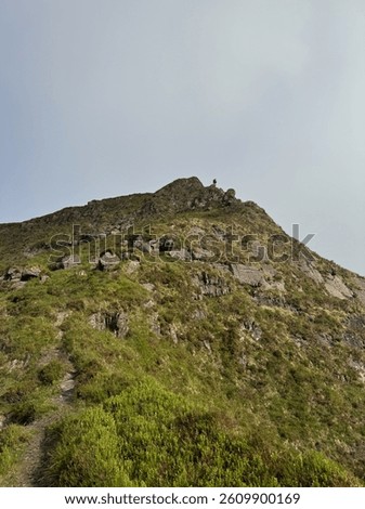 A lone hiker stands on the rocky summit of a grassy mountain ridge under a vast, clear sky.
