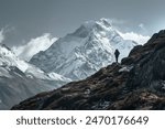 A lone hiker stands on a rugged trail, gazing at a majestic, snow-covered mountain peak under a cloudy sky.
