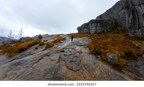 A lone hiker walks up a rocky mountain path surrounded by autumn foliage under a cloudy sky. - Powered by Shutterstock