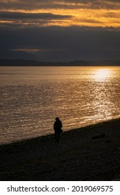 A lone individual silhouetted by the setting sun walks along a beach at sunset in the Pacific Northwest.