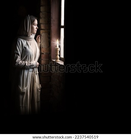 Similar – Image, Stock Photo Lonely veiled  girl in the barren Arabian desert at Sunset