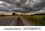 A lone road stretches towards the horizon, flanked by fields of green grass and a thick, dark line of storm clouds looming overhead.