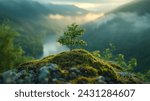 Lone Sapling Thriving on Misty Mountain Overlook