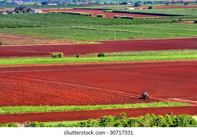 A Lone Tractor Ploughs The Red Earth On A Farm Near Bundaberg, Queensland, Australia