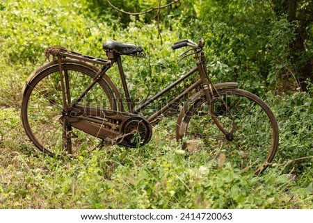 A lone vintage bicycle, its paint faded and frame dusted with years of neglect
