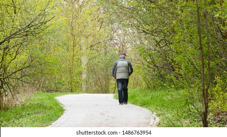 Lonely Aged Man Walking In The Park. Old Man Walks Along The Road On A Sunny Day, Breathing Clean Air In A Large Park. Autumn Or Spring Season.The Concept Of Older People Involved In Sports And Health