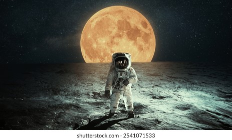 Lonely astronaut walks on the lunar surface. Lunar mission and exploration. Space man on the moon.  Astronaut walks on the ground against the backdrop of a huge yellow moon