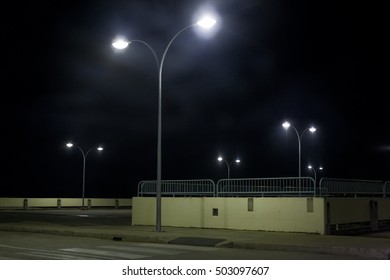 Lonely Empty Carpark At Night With No Cars And No People Around