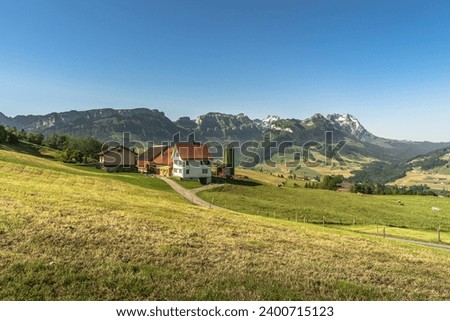 Lonely farm house in the Appenzell Alps, grazing cows on a meadow, view to the Alpstein mountains with Saentis, Canton of Appenzell Innerrhoden, Switzerland