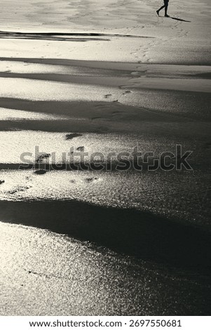 Lonely footprints create a winding path across shimmering wet beach sand at sunset, with a solitary person in the distance.