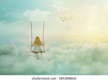 Lonely Girl Sitting On The Swing Above Clouds; Fantasy/solitude/surreal Background With Copy Space