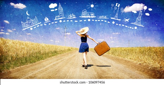 Lonely Girl With Suitcase At Country Road Dreaming About Travel.